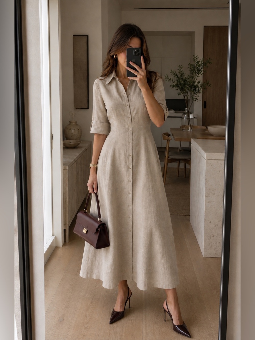 STAUD Joan Linen Dress Natural Beige Button Front Maxi Shirt Dress Size 4 NWT